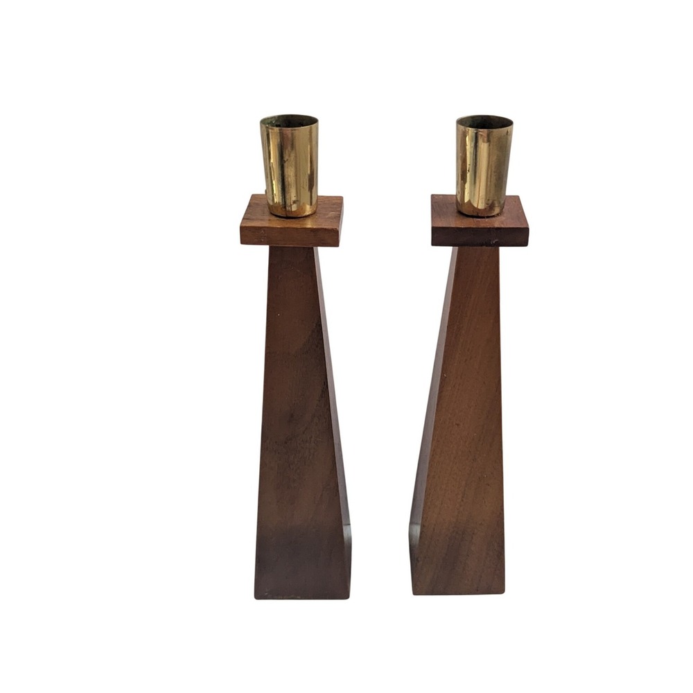 Custom Craft Mid Century Modern Wood and‎ Brass Taper Candle Holders Set of 2